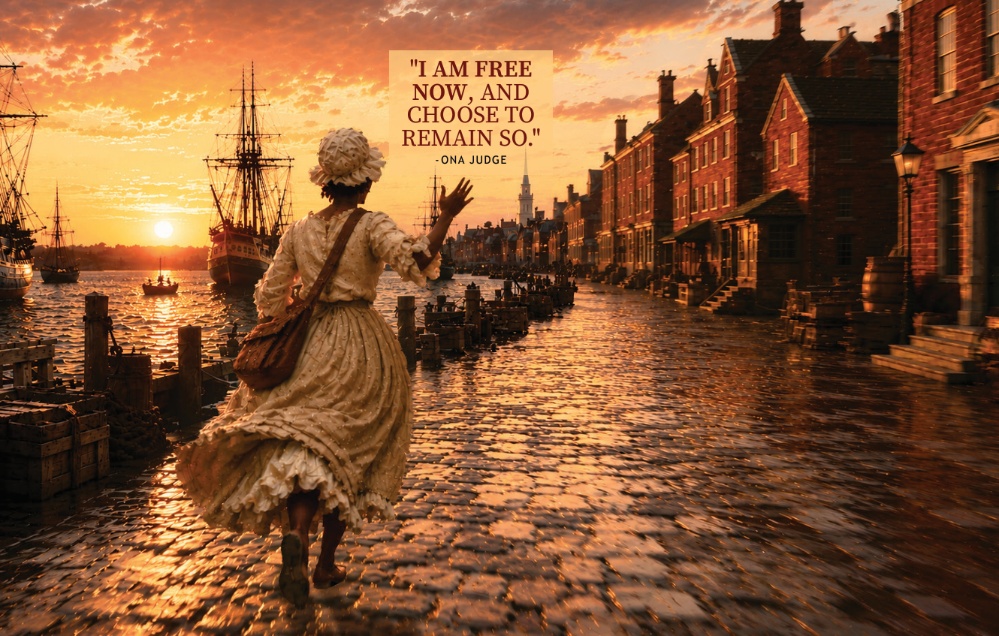 Ona Judge walking toward the waterfront as ships set sail, with the words “I am free now, and choose to remain so.”